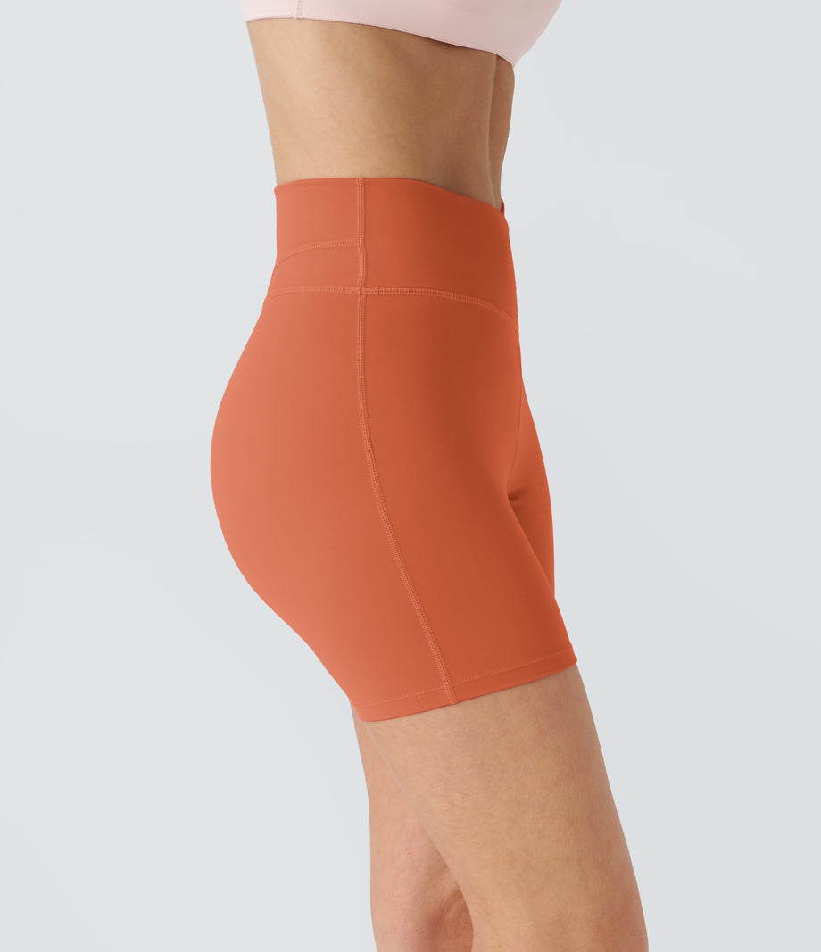 SoftlyZero™ Plush High Waisted Crossover Ruched Yoga Shorts 5'' - Orange Rust