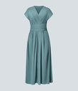 Breezeful™ V Neck Short Sleeve Pocket Tie Back Quick Dry Midi Casual Dress-Longer Length - Stone Blue