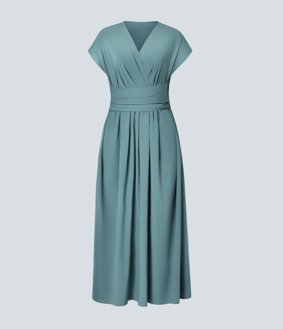 Breezeful™ V Neck Short Sleeve Pocket Tie Back Quick Dry Midi Casual Dress-Longer Length - Stone Blue