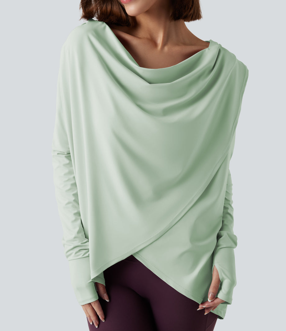 Hooded Cowl Neck Long Sleeve Thumb Hole Yoga Sports Top with Pockets - Dewkist