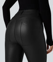 High Waisted Stretchy PU Fleece Casual Leggings with Pockets - Black