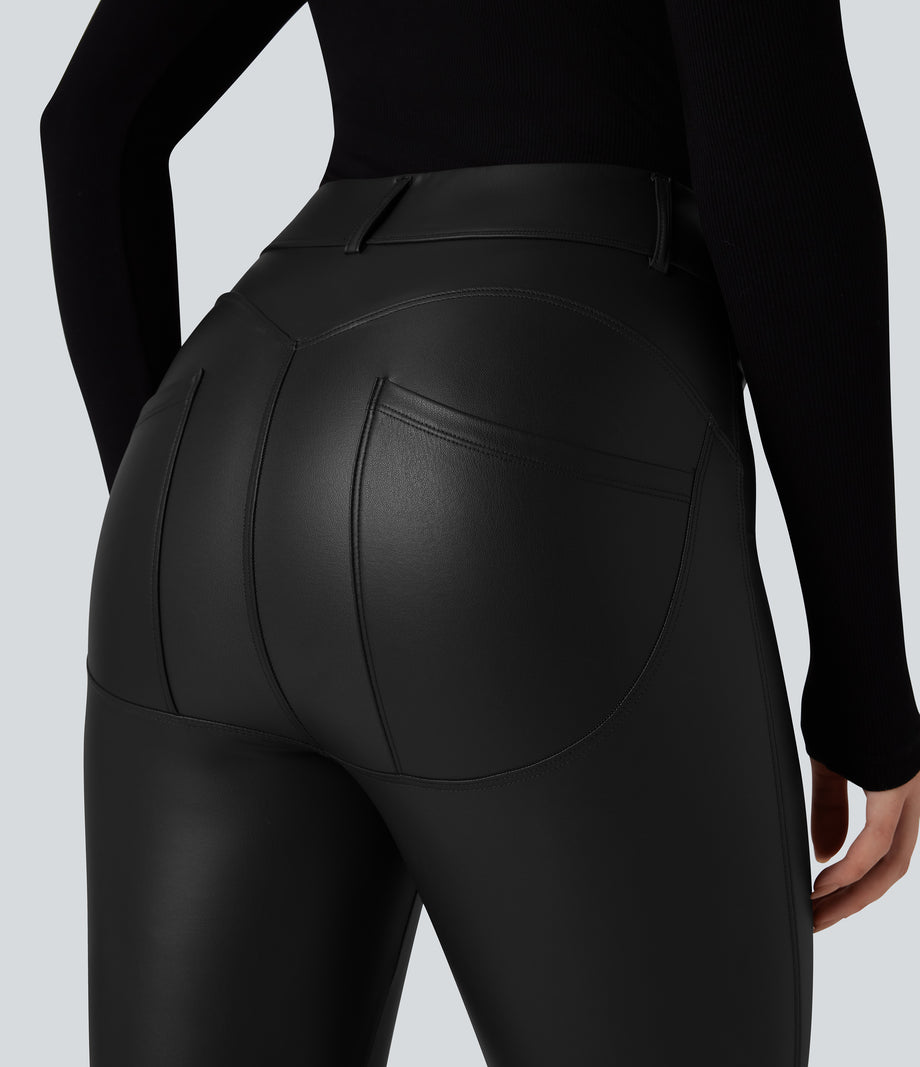 High Waisted Stretchy PU Fleece Casual Leggings with Pockets - Black