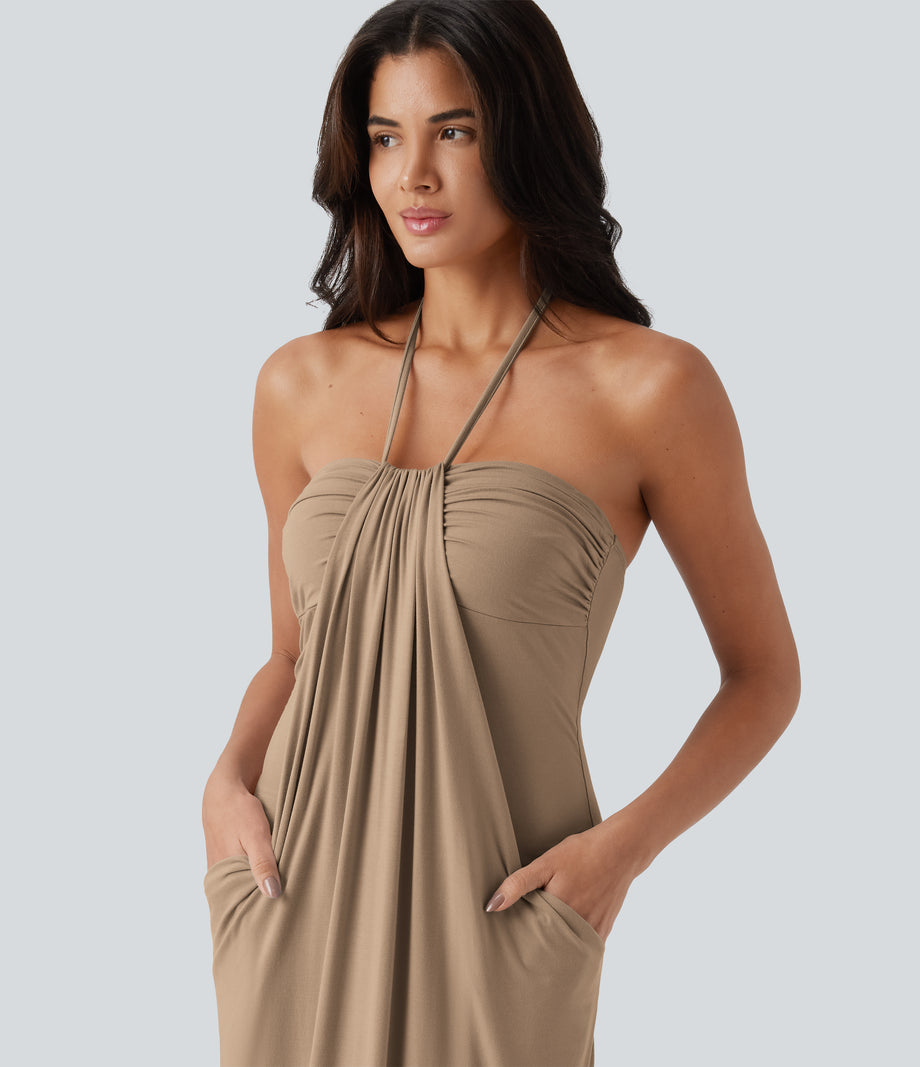 Halter Tie Back Maxi Dress with Pockets - Whisper White