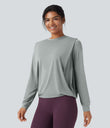 Round Neck Long Sleeve Ruched Yoga Sports Top-UPF50+ - Mirage Gray