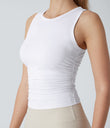 Round Neck Racerback Ruched Yoga Tank Top - Frost White