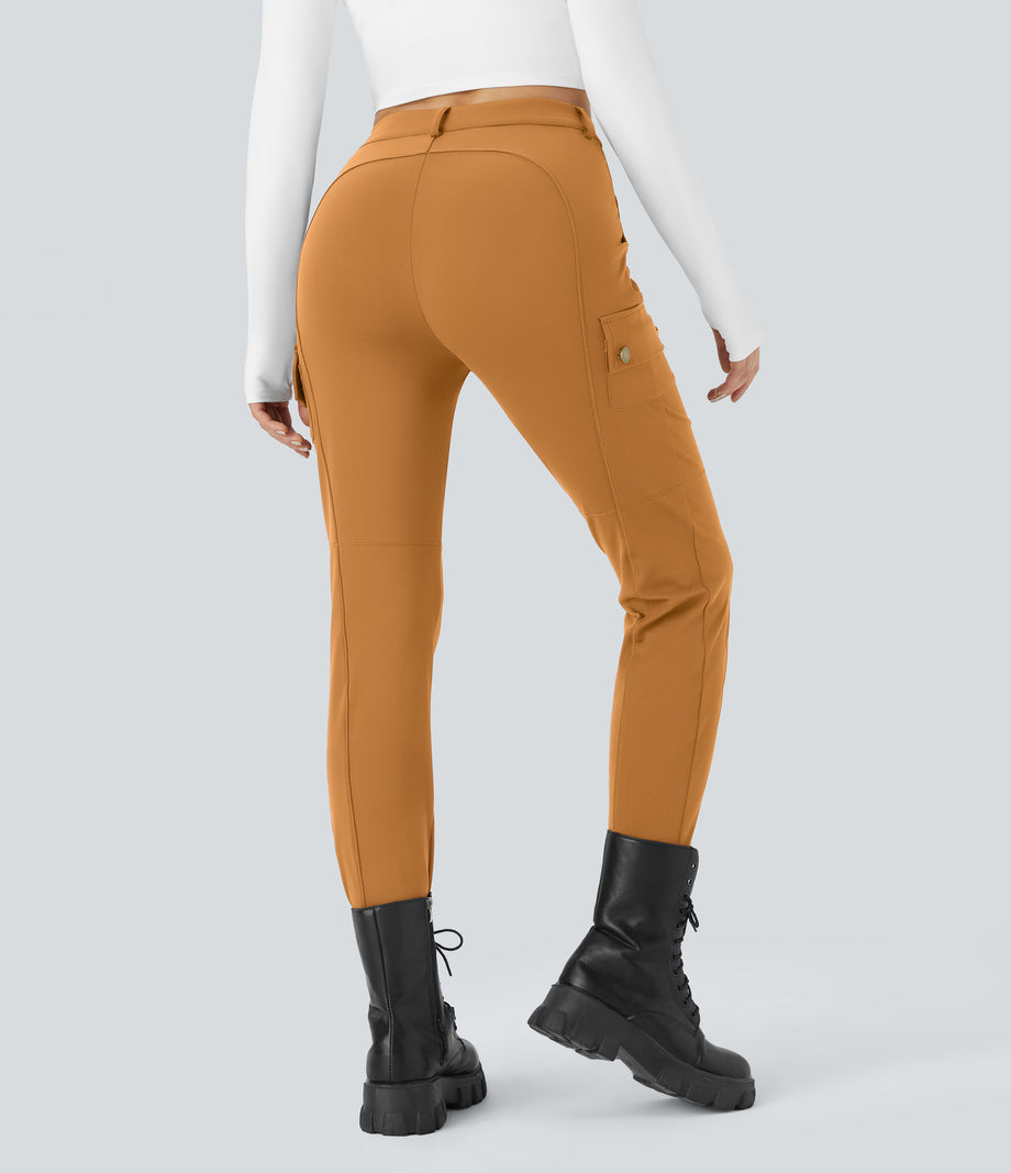 DayStretch High Waisted Zipper Pockets Solid Skinny Cargo Pants - Buckskin