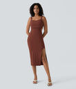Ruched Lace Up Bodycon Midi Casual Dress - Sequoia