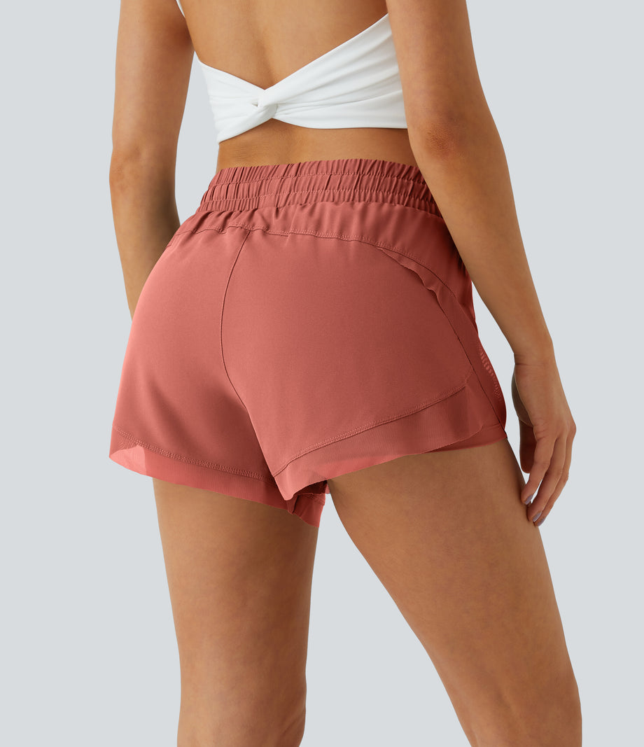Mid Rise Drawstring Contrast Mesh 2-in-1 Flowy Running Shorts 3'' - Persimmon Red