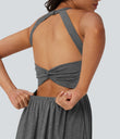 Twisted Backless Split Flowy Maxi Resort Dress with Pockets - Darl Gray Floral Yarn