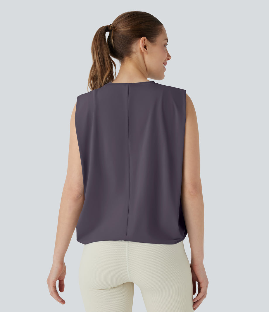 Round Neck Ruched Cool Touch Yoga Tank Top-UPF50+ - Vintage Violet