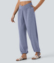 Crossover High Waisted Pocket Drawstring Casual Joggers - Light Blue Floral Yarn