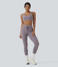High Waisted Drawstring Striped Yoga Leggings with Pockets - Charcoal Stripe