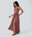 Twisted Backless Split Flowy Maxi Resort Dress with Pockets - Brick Red Mix
