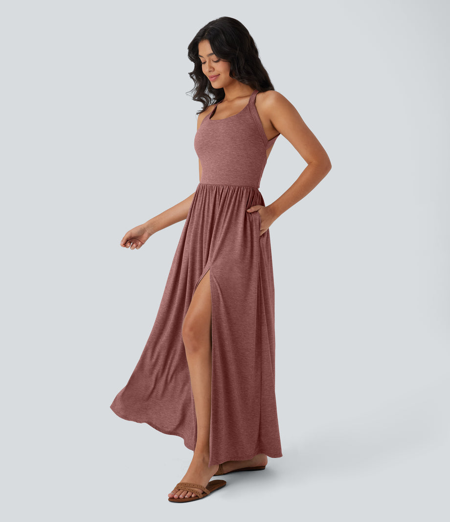 Twisted Backless Split Flowy Maxi Resort Dress with Pockets - Brick Red Mix