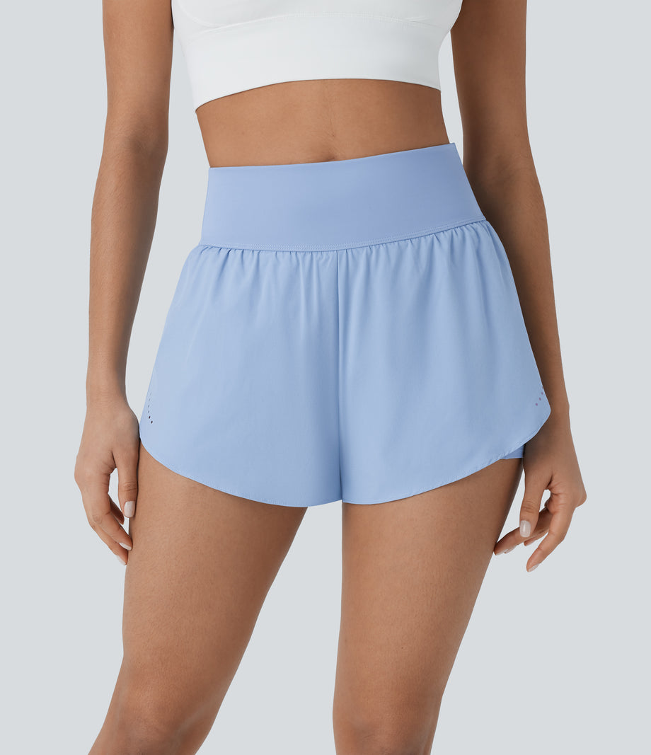 SoftlyZero™ QuickDry High Waisted Tummy Control Reflective Dots Crossover Hem 2-in-1 Running Shorts 3'' with Pockets - Sky Blue