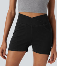 Halara Flex™ High Waisted Crossover Pocket Denim Casual Shorts 3" - Black Denim