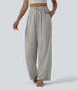 High Waisted Drawstring Wide Leg Casual Linen-Blend Pants with Pockets - Quarry