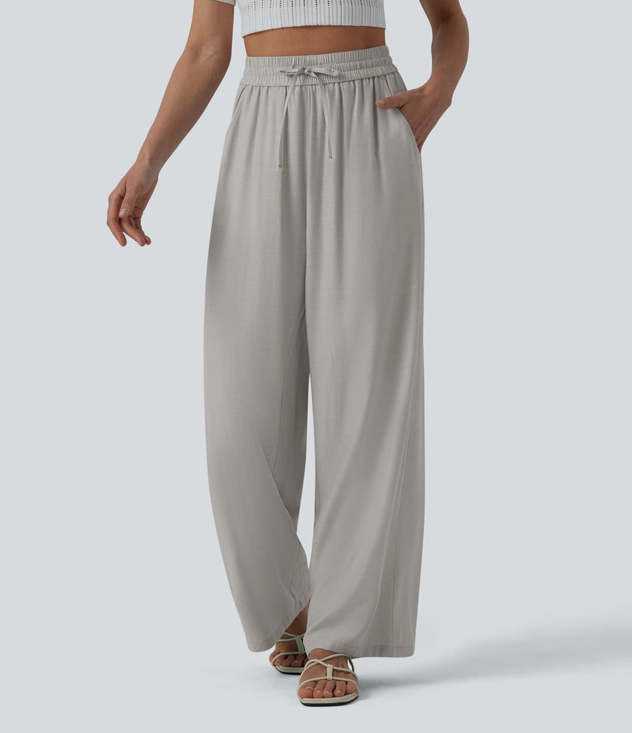 High Waisted Drawstring Wide Leg Casual Linen-Blend Pants with Pockets - Quarry