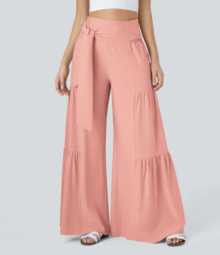 Breezeful™ High Waisted Shirred Tie Front & Back Wide Leg Flowy Quick Dry Casual Pants - Peach Melba