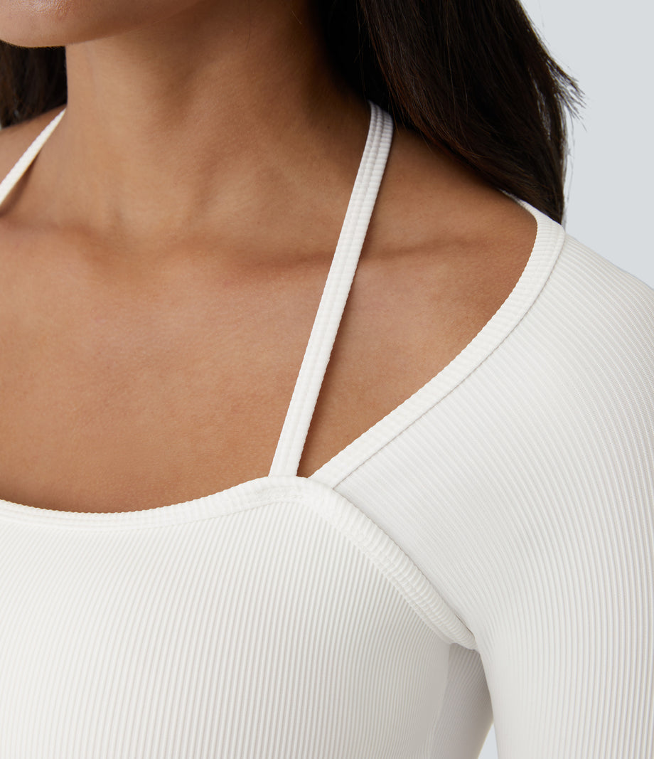 Ribbed Halter Strap Thumb Hole Cropped Yoga Sports Top - White