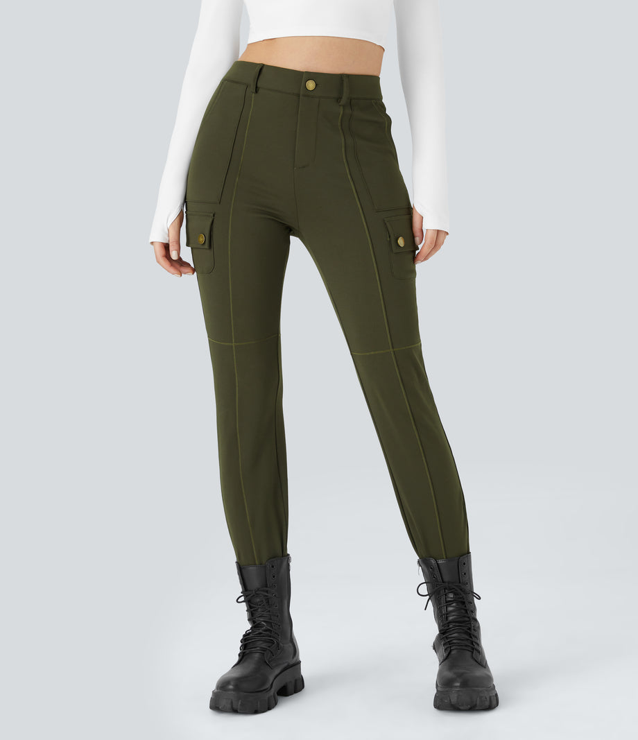 DayStretch High Waisted Zipper Pockets Solid Skinny Cargo Pants - Forest Night