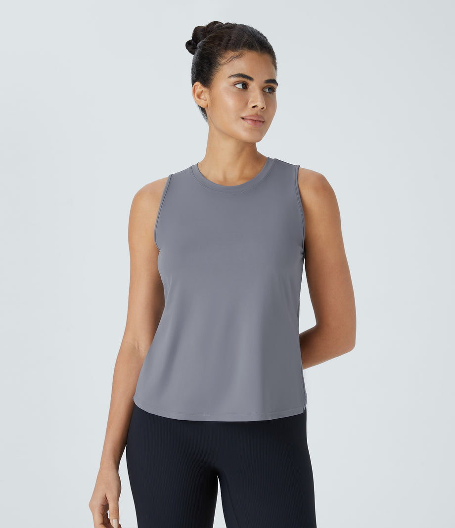 Cut Out Crossover Hem Solid Yoga Tank Top - Cement Gray