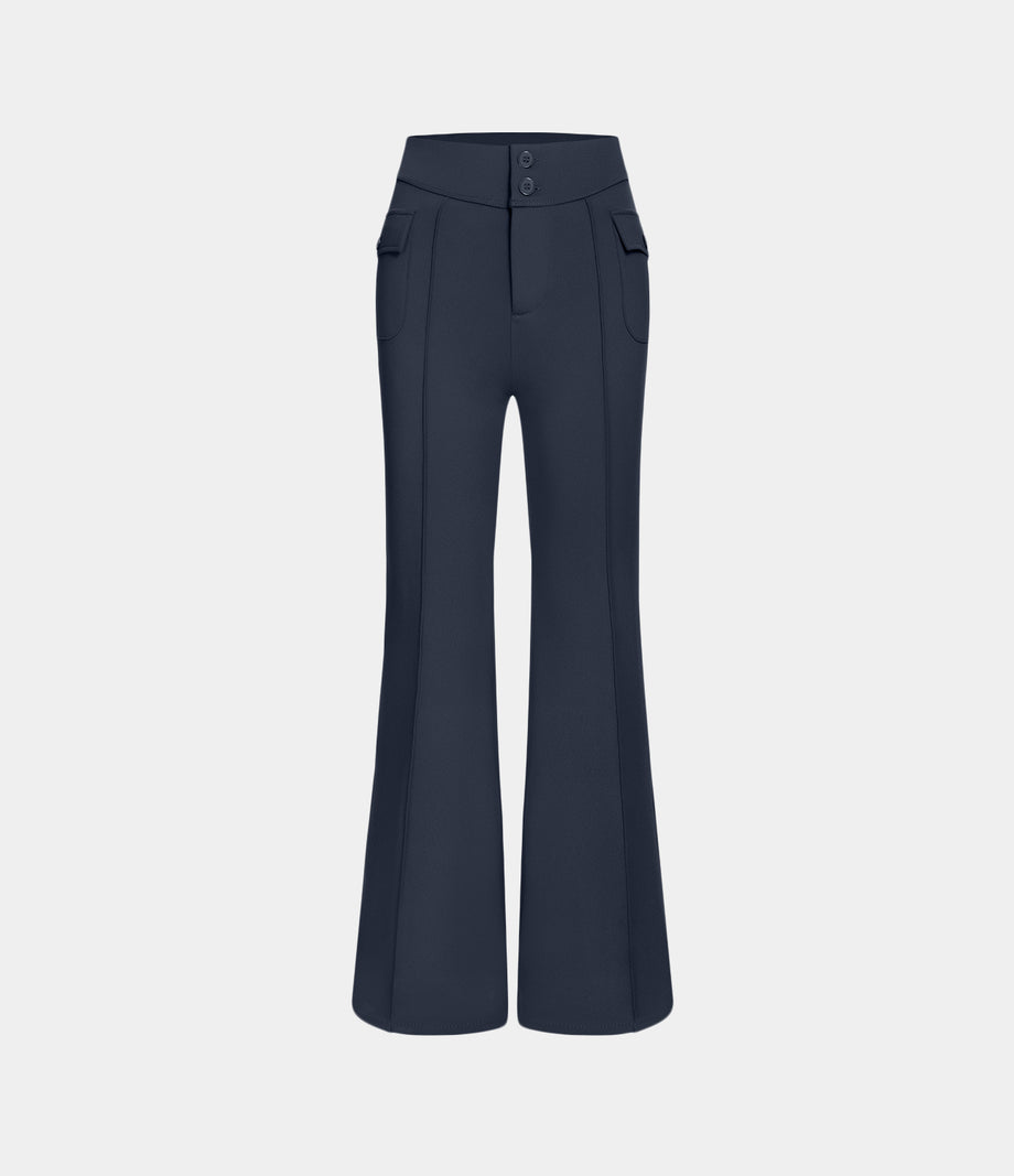 High Waisted Side Flap Pocket Flare Casual Cargo Pants - Midnight Blue
