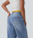 Halara Flex™ Low Rise Zipper Pockets Washed Baggy Wide Leg Casual Jeans - Malibu Blue Denim