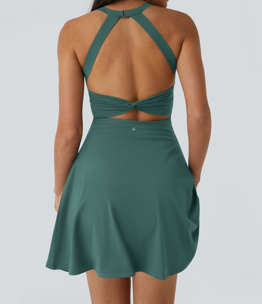 SoftlyZero™ Airy Backless Twisted Flare Low Support Dance Active Dress-Longer Length-Easy Peezy Edition A-D Cups - Blue Spruce