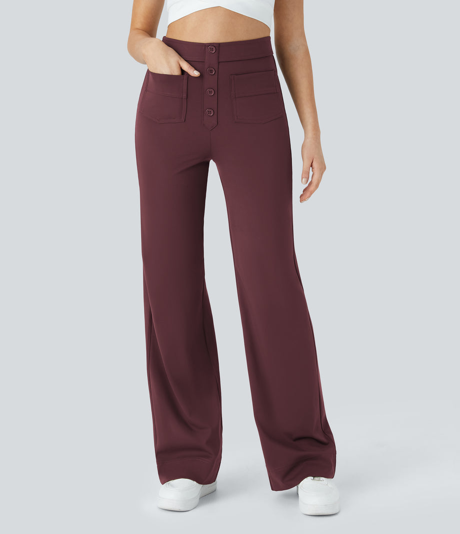 DayStretch High Waisted Pockets Straight Leg Casual Pants - Red Mahogany