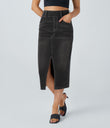 Halara Flex™ High Waisted Pockets Bodycon Washed Denim Casual Midi Skirt - Dirty Grey Black Denim