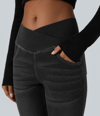Halara Flex™ High Waisted Crossover Pocket Washed Casual Flare Jeans - Carbon Paint Denim