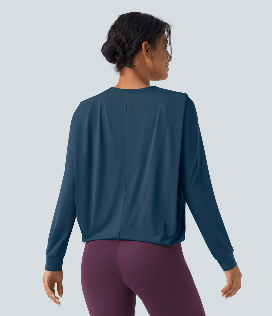 Round Neck Long Sleeve Ruched Yoga Sports Top-UPF50+ - Majolica Blue