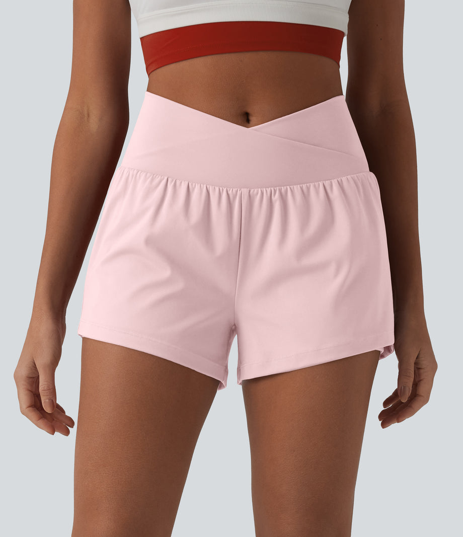 SoftlyZero™ Airy Crossover High Waisted 2-in-1 Cool Touch Yoga Shorts 3'' with Pockets - Primrose Pink