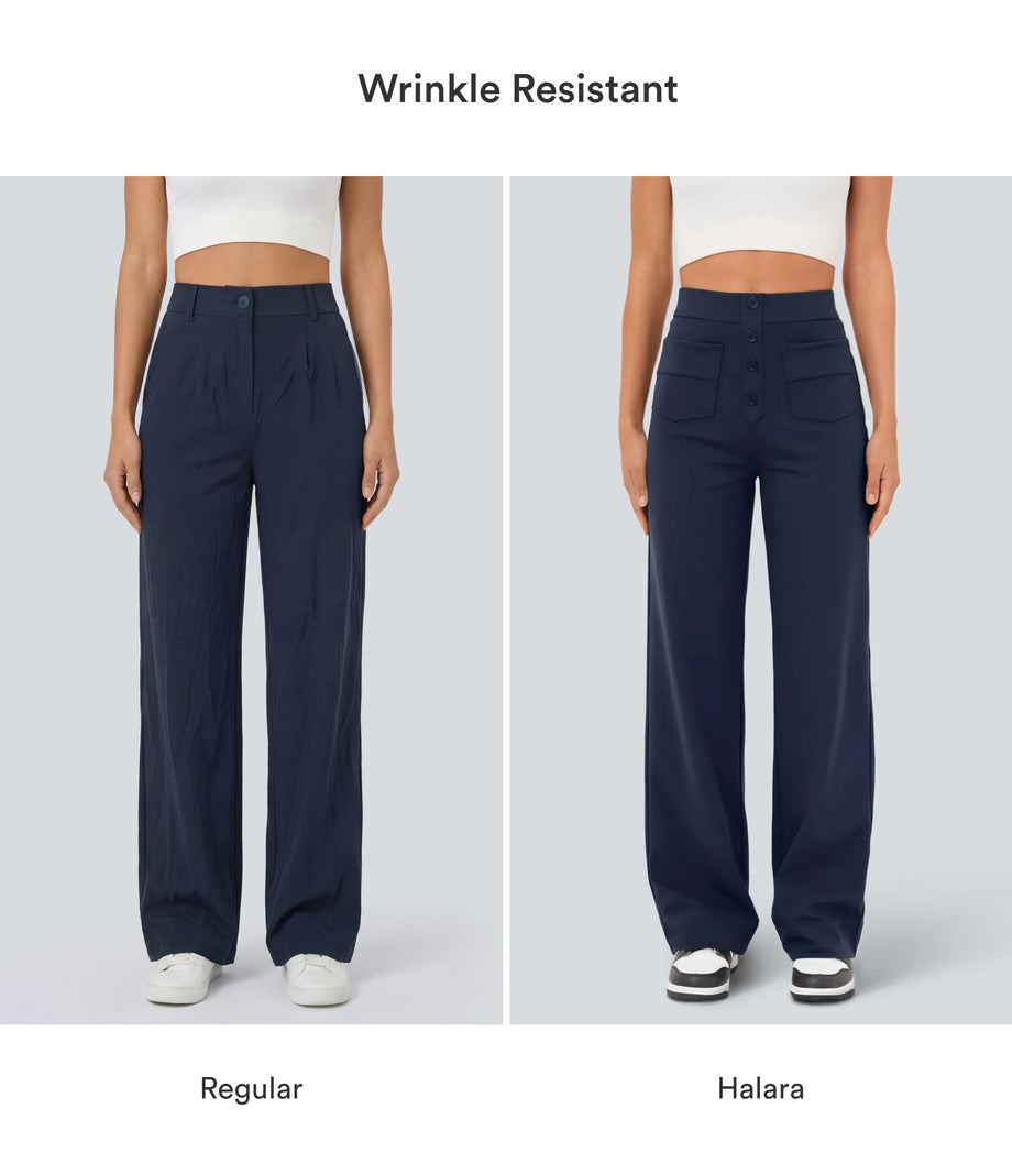 DayStretch High Waisted Pockets Straight Leg Casual Pants - Midnight Blue
