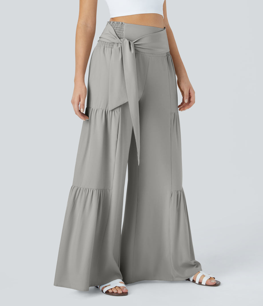 Breezeful™ High Waisted Shirred Tie Front & Back Wide Leg Flowy Quick Dry Casual Pants - Ghost Gray