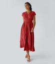 Breezeful™ V Neck Short Sleeve Pocket Tie Back Quick Dry Midi Casual Dress-Longer Length - Pompeian Red