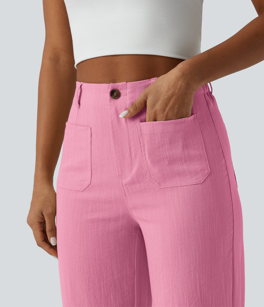 High Waisted Straight Leg Casual Linen-Feel Pants with Pockets - Dusty Rose Weave