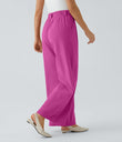 High Waisted Pocket Wide Leg Flowy Solid Palazzo Casual Linen-Feel Pants - Rose Violet