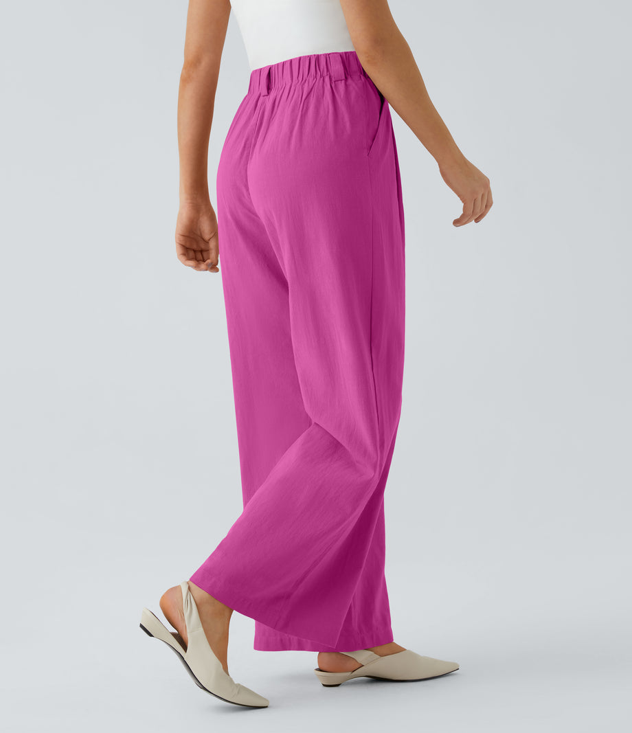 High Waisted Pocket Wide Leg Flowy Solid Palazzo Casual Linen-Feel Pants - Rose Violet