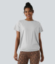 Round Neck Short Sleeve Ruched Cool Touch Yoga Sports Top-UPF50+ - Nimbus Cloud