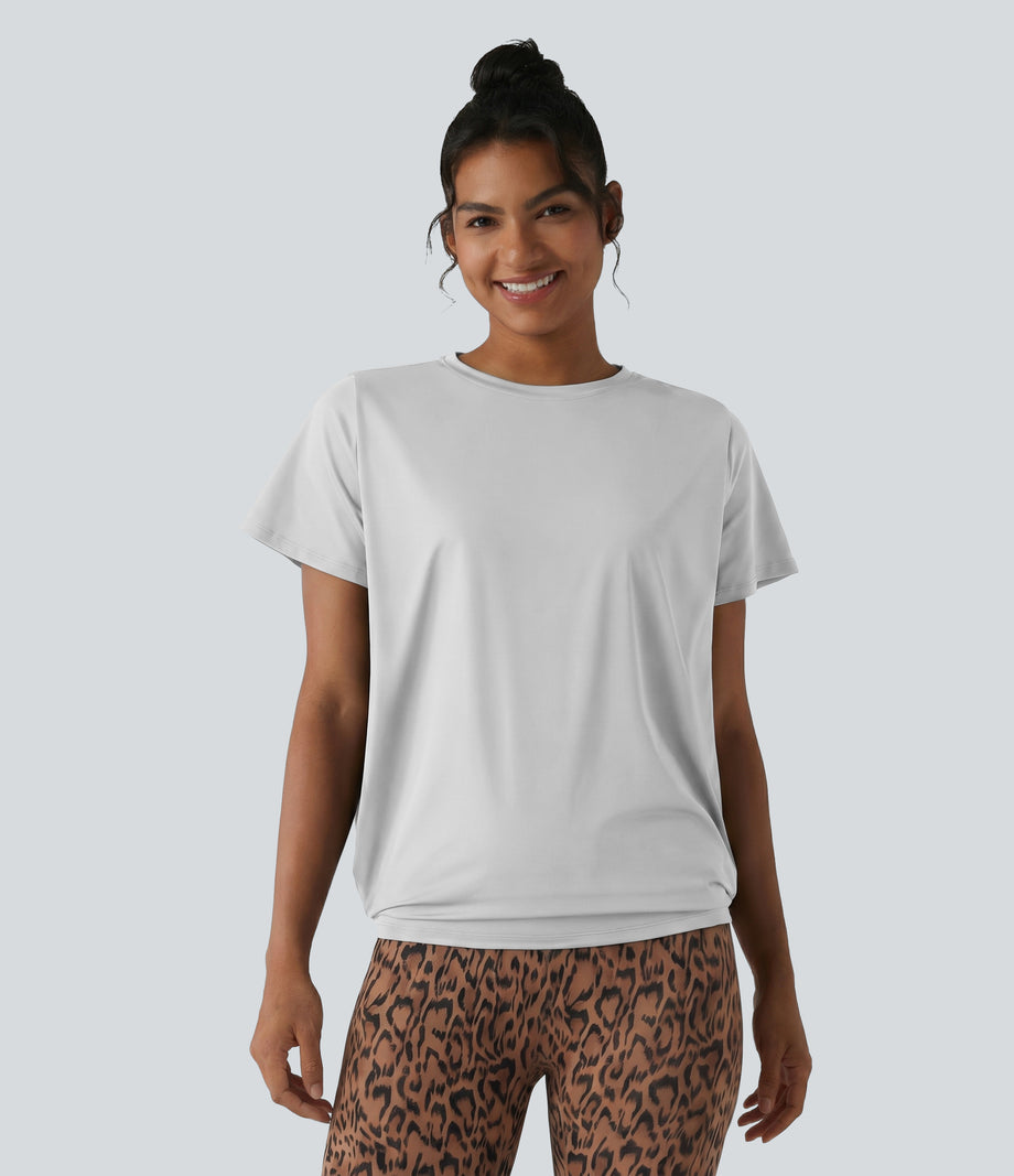 Round Neck Short Sleeve Ruched Cool Touch Yoga Sports Top-UPF50+ - Nimbus Cloud