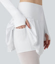 Breezeful™ High Waisted Pleated 2-in-1 Contrast Mesh Quick Dry Dance Stirrup Skirted Leggings with Pockets - White