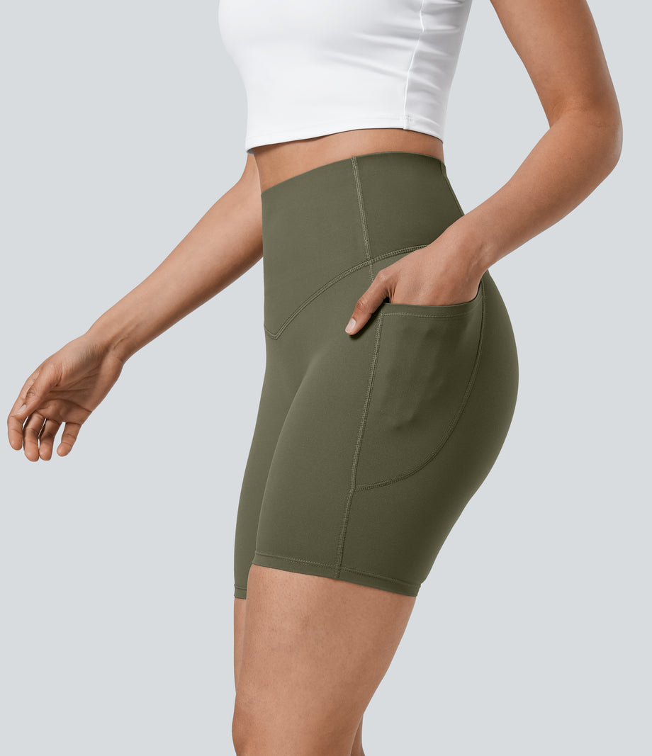 Halara UltraSculpt™ High Waisted Tummy Control Pocket Shaping Training Biker Shorts 7'' - Grass Grey Green