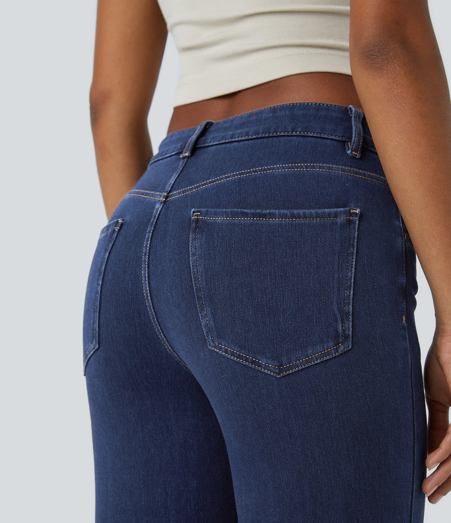 Halara Flex™ Mid Rise Pockets Casual Bootcut Jeans - Washed Denim Navy Blue