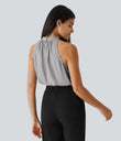 Keyhole Back Halter Sleeveless Curved Hem Work Blouse - Sandalwood Grey