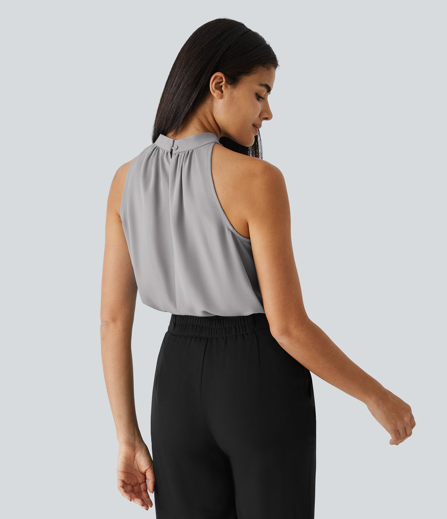 Keyhole Back Halter Sleeveless Curved Hem Work Blouse - Sandalwood Grey