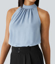 Keyhole Back Halter Sleeveless Curved Hem Work Blouse - Skyride
