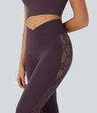 SoftlyZero™ High Waisted Crossover Contrast Lace Pocket Yoga Leggings-UPF50+ - Dusky Evening purple