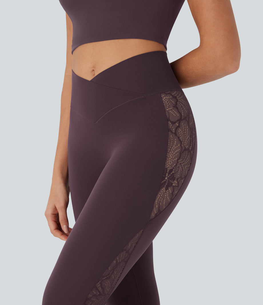 SoftlyZero™ High Waisted Crossover Contrast Lace Pocket Yoga Leggings-UPF50+ - Dusky Evening purple